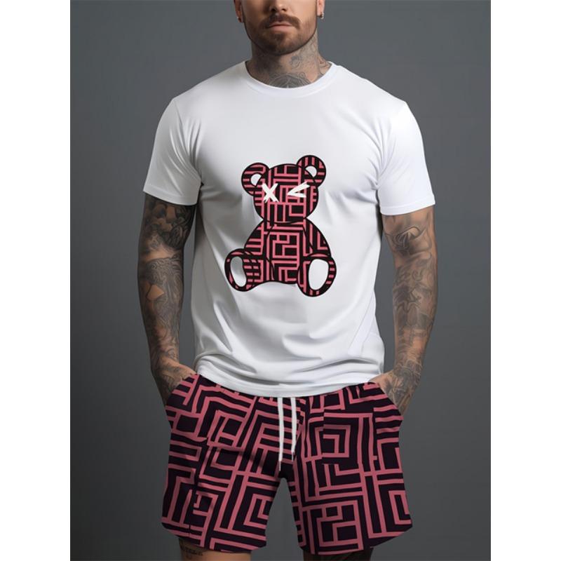 Комплект из 2 предметов: мужская футболка с коротким рукавом и шорты на шнурке с принтом мультяшного медведя, летний повседневный топ, мужские пляжные брюки для спорта на открытом воздухе