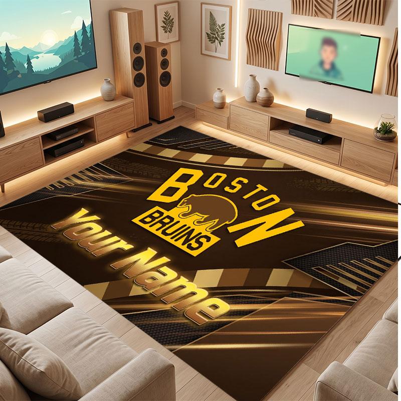 Boston Bruins Personalized Crystal Velvet Carpet, Customized Name Text Soft Anti‑Slip Rug for Living Room Bedroom