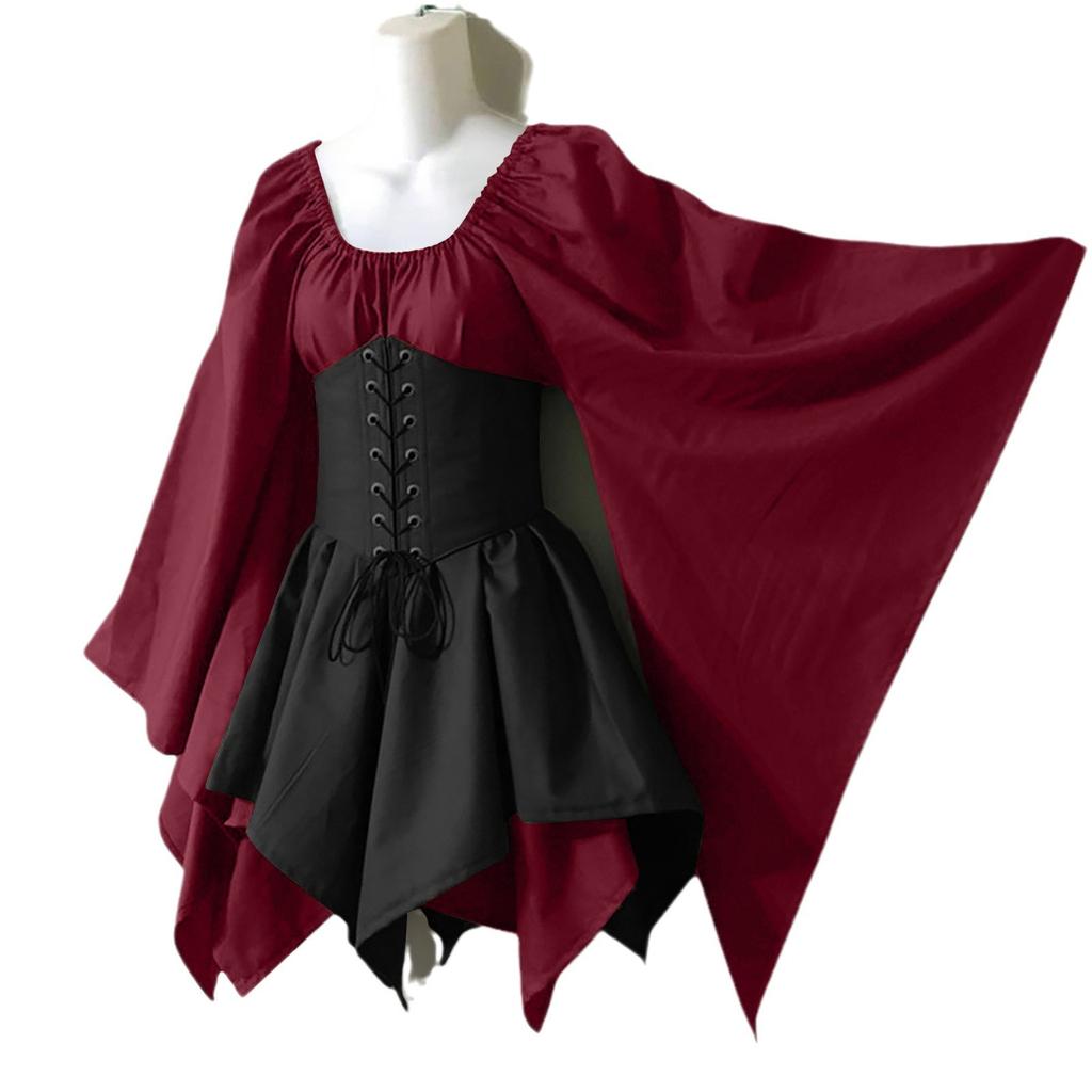 Flared Sleeve Long Sleeve Medieval Renaissance Dress Patchwork Dress