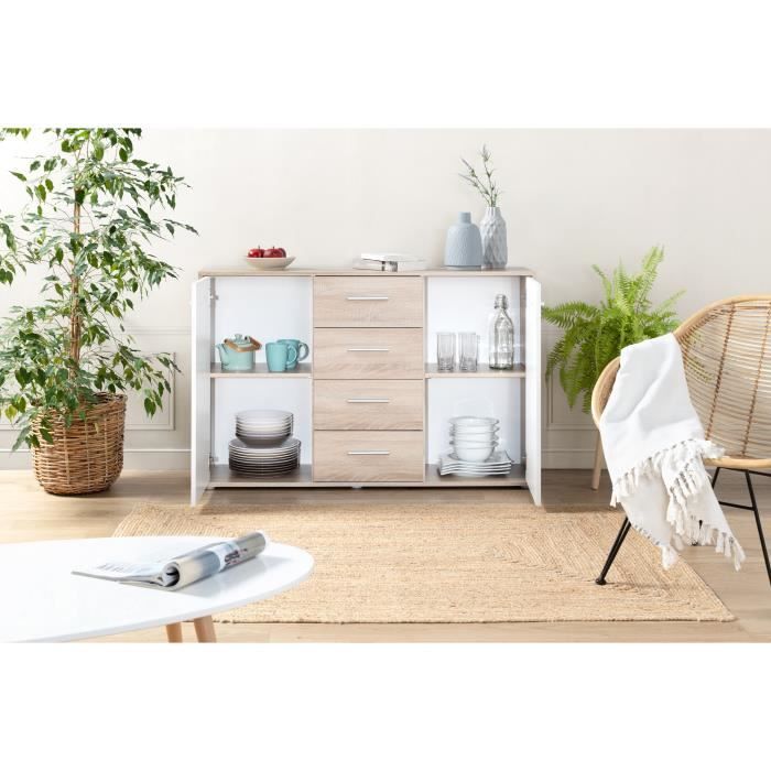 Buffet bas PILVI - 2 portes et 4 tiroirs - Blanc et chêne sonoma - L 122,6 x P 34,2 x H 81,1 cm