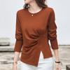 Irregular Pleated Long-sleeved Women's T-shirt Bottoming Shirt Autumn Coat Loose Slimming T-shirt Niche Design Slit Top