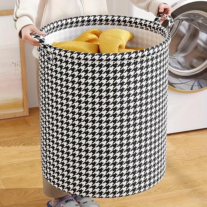 1pc Classic Houndstooth Fabric Storage Basket with Handles, Foldable Multipurpose Laundry Hamper for Toys and Clothes, Home Organization Container