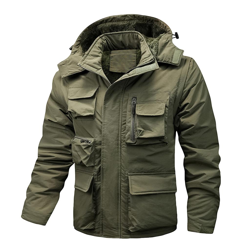 Men's Solid Color Detachable Outdoor Workwear Casual Loose Zipper Pocket Plush Long Sleeve Jacket