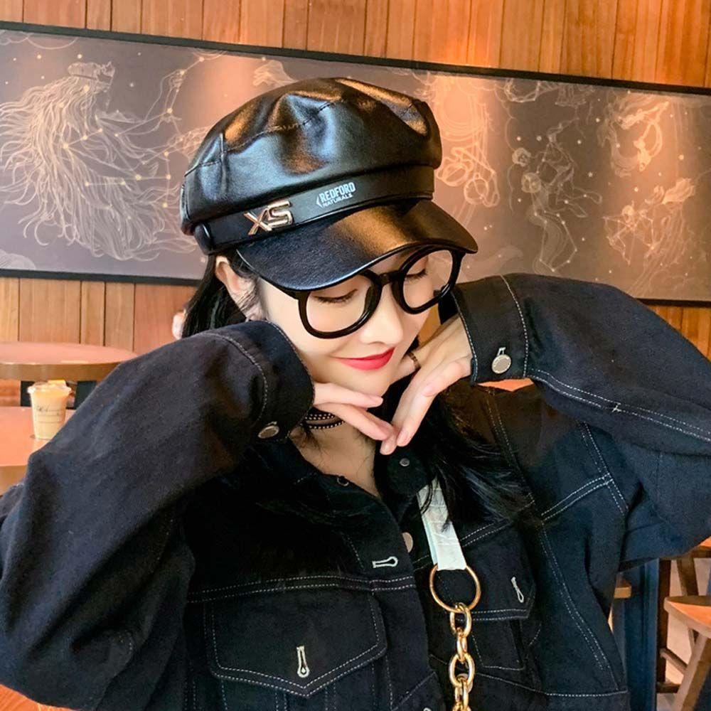 PU Leather Girl British Style Winter Women Berets Painter Cap Korean Style Octagonal Hat Navy Hat