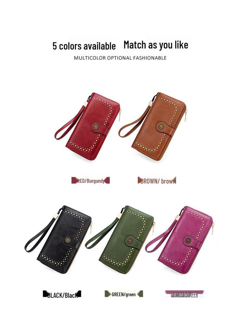 Women's Oil Wax Leather Zip Wallet with Hollow Pattern and Card Holder