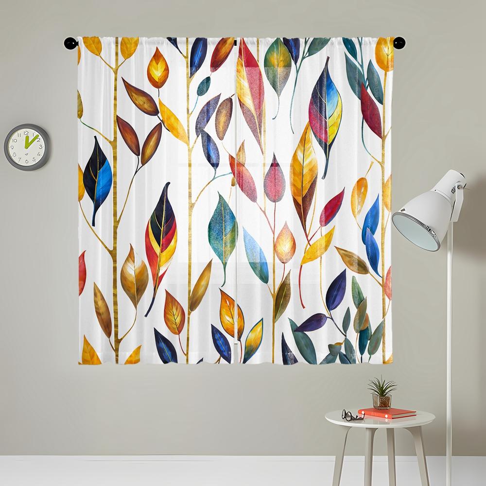 2 Pieces HD Digital Watercolor Botanical Leaf Printed Window Valance Home Decor Style Decoration Living Room Bedroom Rodding Cur