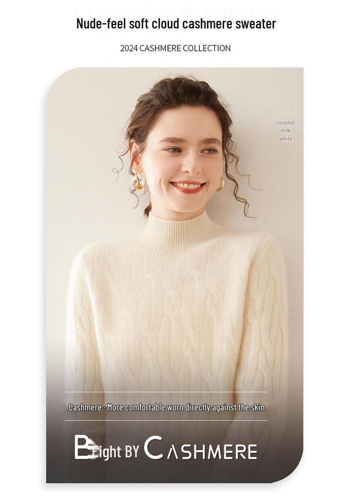 Women's Cashmere Cable Knit Sweater: Autumn/Winter Long Sleeve, Loose Fit, Half-High Neck, Thick and Warm Base Layer.
