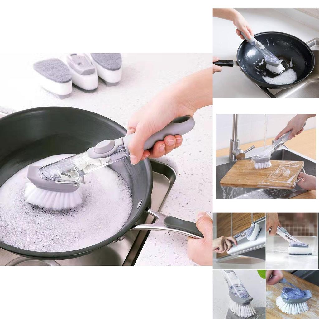 Premium Automatic Liquid Dispensing Long Handle Pot Cleaning Brush With Non-stick Features For Effortless Kitchen Cleaning