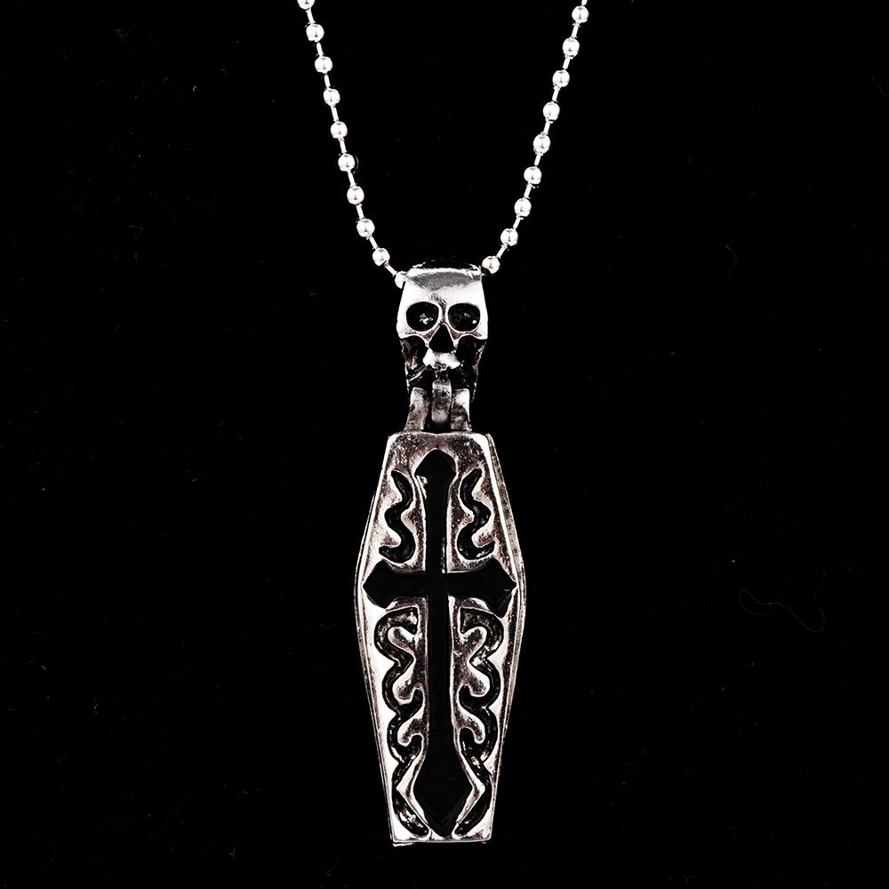 Vintage Men Human Skeleton Steampunk Coffin Chain Pendant Necklace Cross