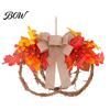 Linen Bow Wreath Fall Artificial Maple Leaf for Front Door, Thanksgiving Rattan Garland with Berries And Burlap Autumn Harvest Door Wall Hanging Decor