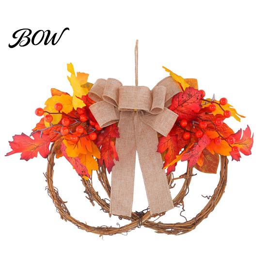 Linen Bow Wreath Fall Artificial Maple Leaf for Front Door, Thanksgiving Rattan Garland with Berries And Burlap Autumn Harvest Door Wall Hanging Decor