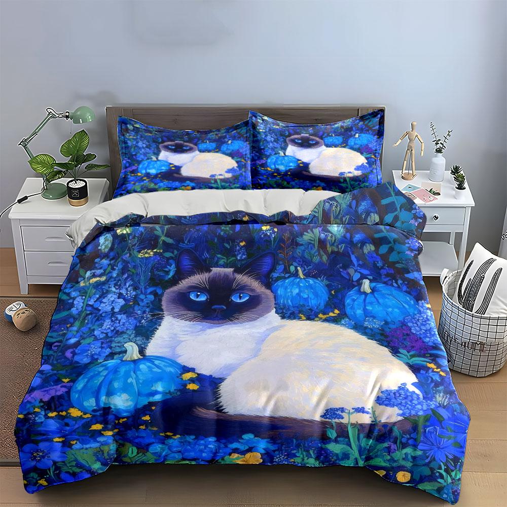 Blue Pumpkin Cat Art Decor Bedding Set with 1 Duvet Cover 2 Pillowcases Single Double King Queen, Gift