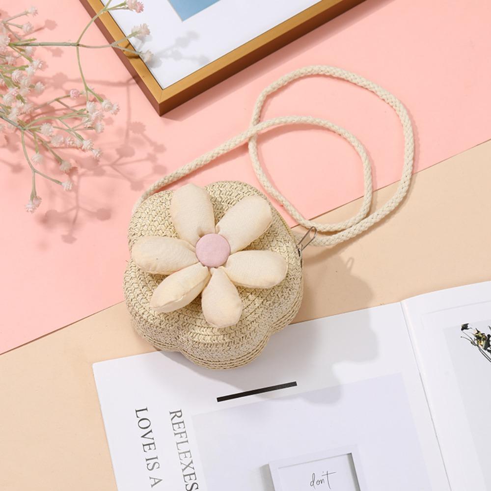 Cute Handmade Kids Straw Bag Flower Shape Woven Crossbody Bag Summer Beach Bag for Children Girls