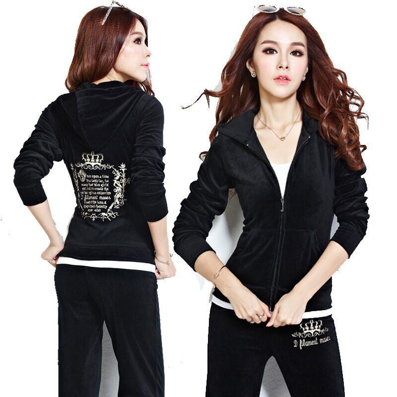 Тонкий бархатный спортивный костюм, женский корейский повседневный базовый комплект из двух предметов на молнии с капюшоном, топы и брюки, мягкая домашняя одежда, ансамбль Femme