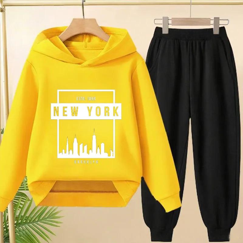 Весна Осень Новый Йорк Бруклин Принт с Буквами 2 шт. Худи+Штаны Спортивные Костюмы 3-13 Лет Мальчики Девочки Уличная Одежда Детская Одежда