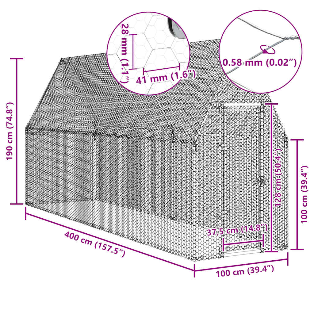 Chicken Coop Silver 400x100x190 cm Galvanized Steel