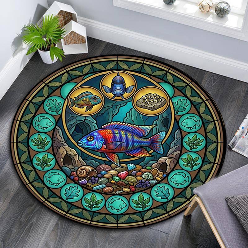 Aquatic Life Mandala Round Area Rug Under Office Chairs Bedroom Living Room Home Decor