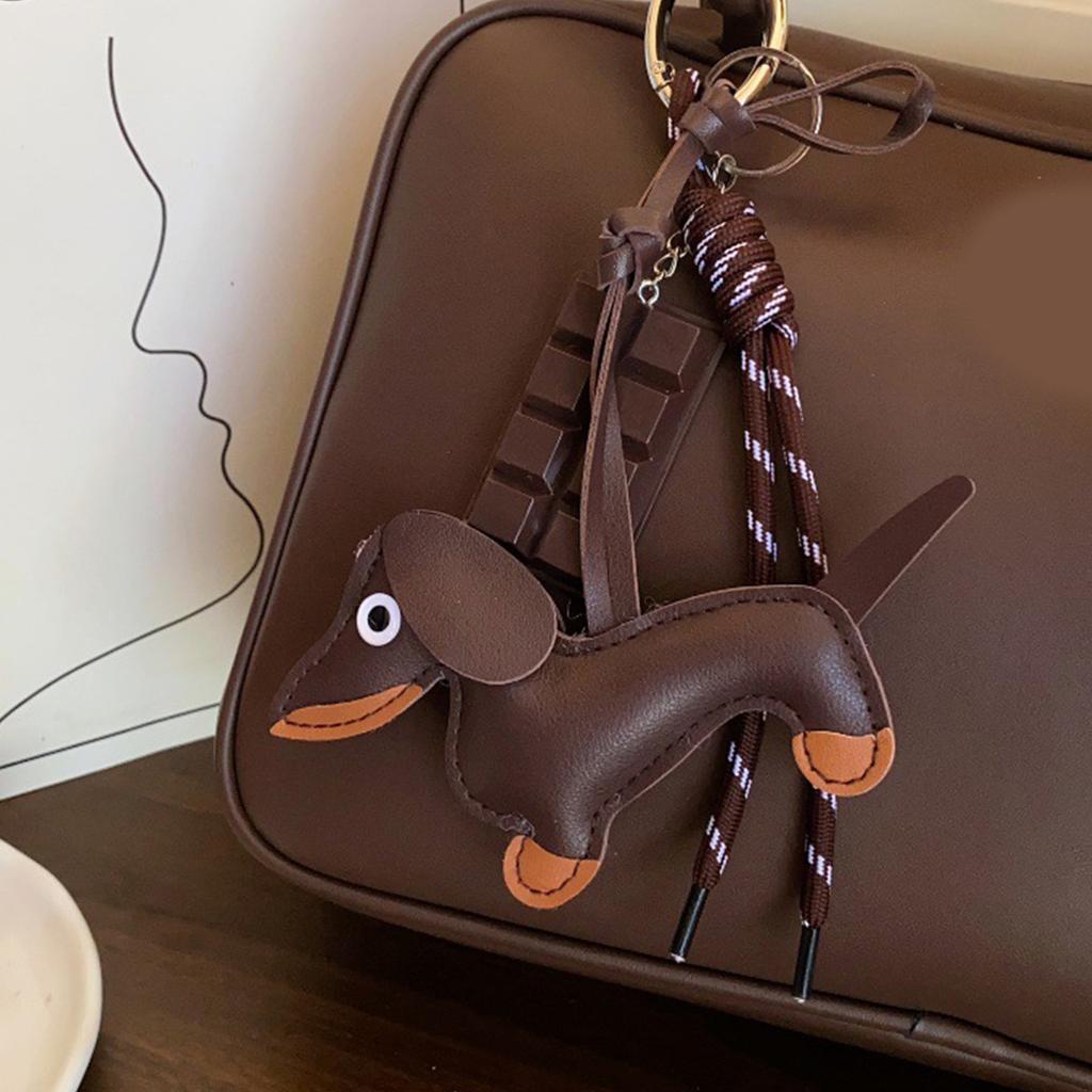 Vintage PU Leather Dachshund Keychain Pendant Cute Puppy Dog Charm Braided Rope Bag Pendant for Car Key Accessories