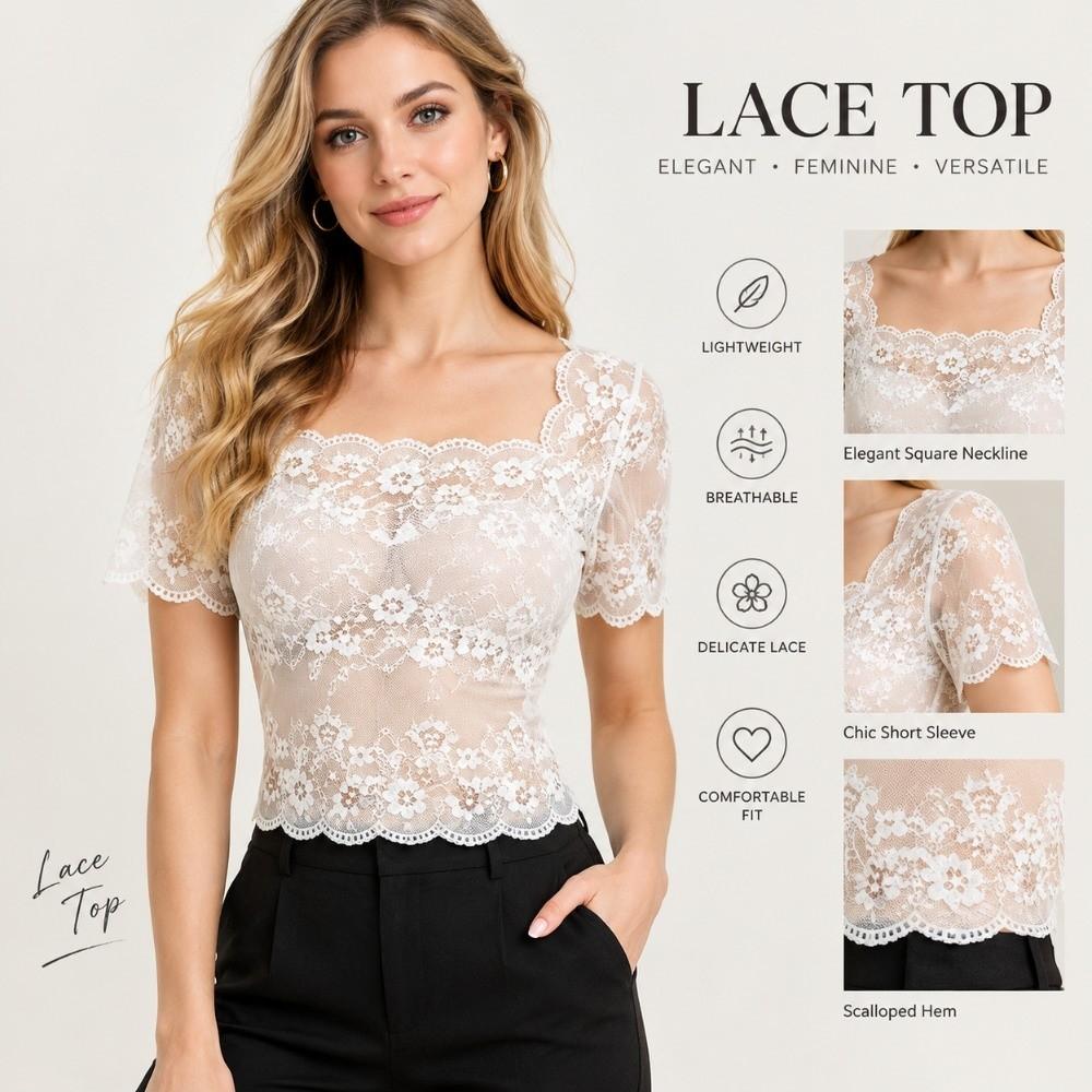 Nylon Lace Short Sleeve Top Thin Light Fabric Sling Dress Cover Up Hollow Out Layering Tee Women