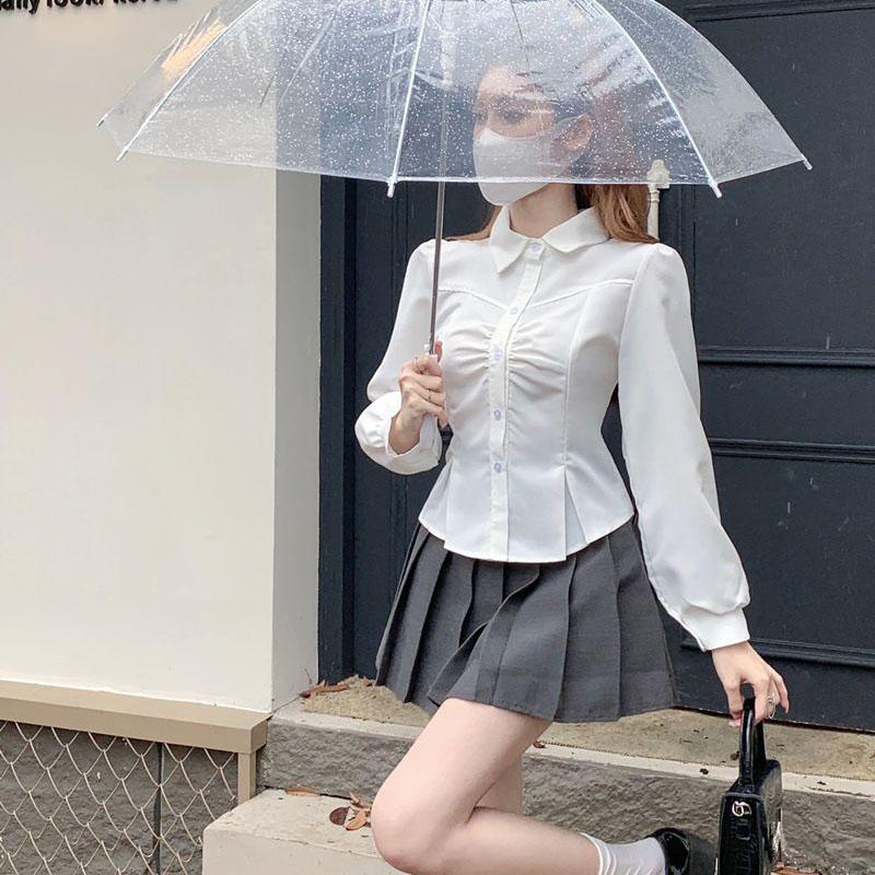 Белая укороченная рубашка женская корейский стиль универсальный повседневный дизайн рубашки и блузки Jk женская мода тонкий офисная блузка на пуговицах