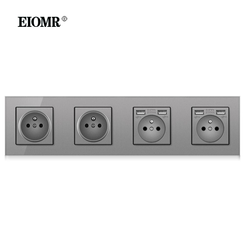 EIOMR Французский Стандартный Настенный Выключатель Розетка Серая Хрустальная Стеклянная Панель с USB 16A 220V Розетка с Заземлением Защита от Детей Дверца