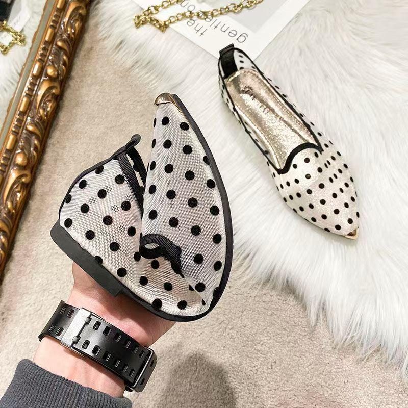 Женские новые летние туфли на плоской подошве в горошек из сетки, с мягкой подошвой, нескользящие, без задника, с острым носком, телесного цвета, балетки