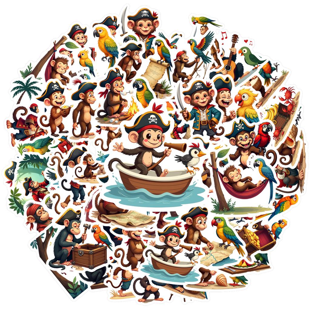 Waterproof Monkey Pirate Adventure Stickers! vinyl decals for laptops, luggage, and more. Fun animal themed stickers.