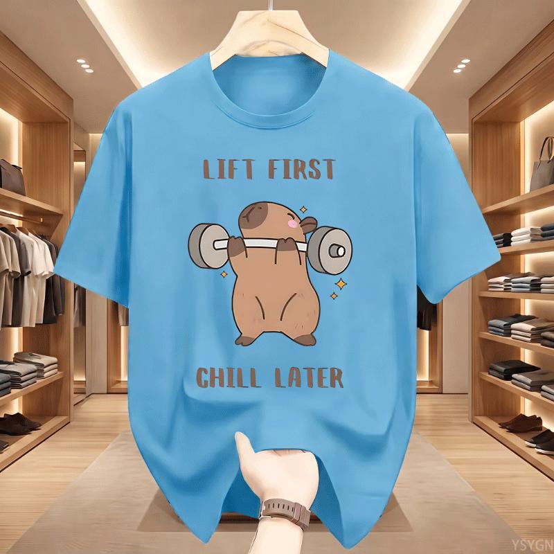 Lift First Chill Later Capybara Weightlifting Graphic T Shirt Unisex Funny Gym Animal Quote Print Tee Casual Short Sleeve Top
