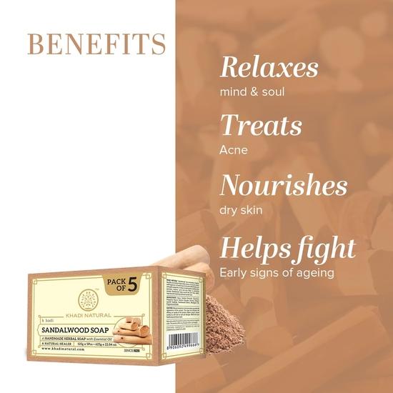 KHADI NATURAL Sandalwood Soap | Natural Handmade Soap | Herbal Bathing Soap for Hydrated Skin | Natural Soap | Pack of 5(125gx5) (625g)