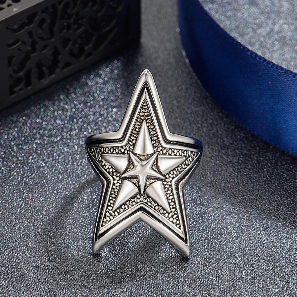 S925 Silver Ring Thai Silver Black Double Layer Overlapping Five-pointed Star Open Ring Punk Retro Men's Trendy Star Rock Ring