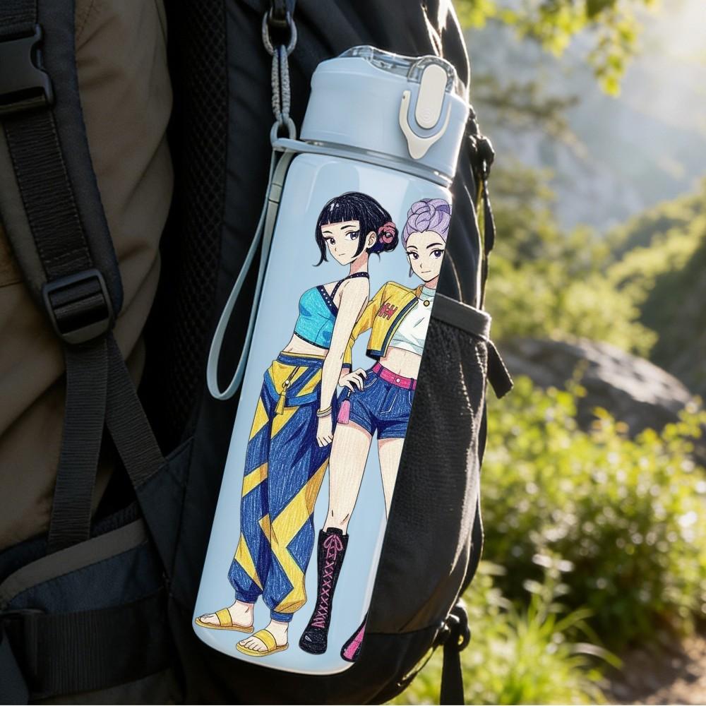 1PC Retro Fashion Girl Trio 750ml Color Plastic Sports Water Bottle Leakproof Flip Straw Lid Suitable for Sports Office Home Use