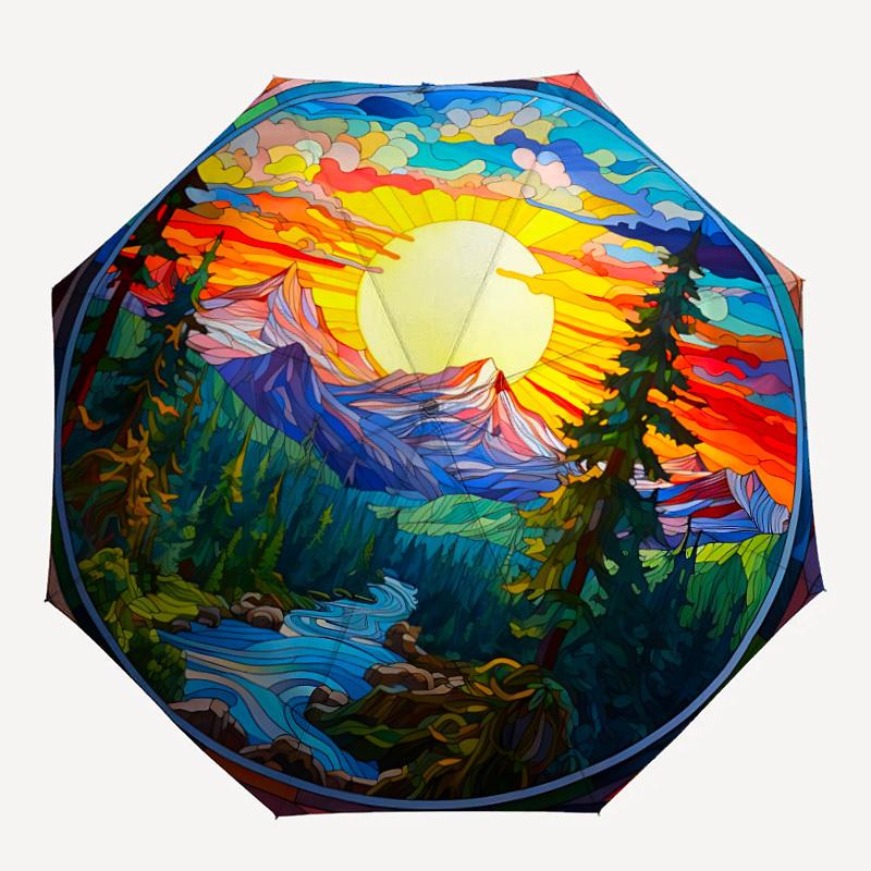 1pc Stained Glass Landscape Folding Umbrella, Durable, Suitable for Outdoor Activities or Rain, Suitable for Commuting yy251027137