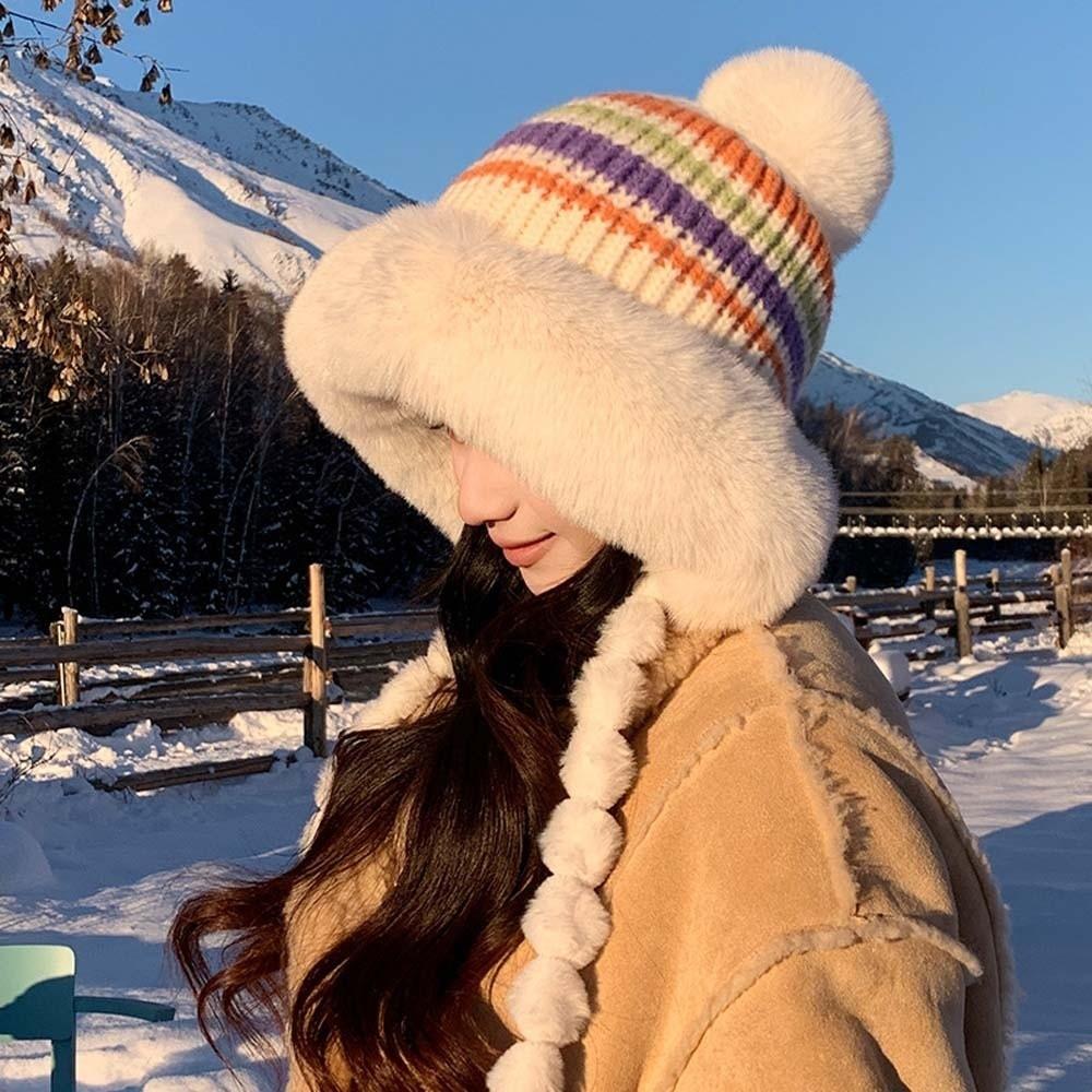 Striped Knit Pompom Braids Hat Fur Brim Fur Trim Trapper Fleece Knit Beanie Skiing