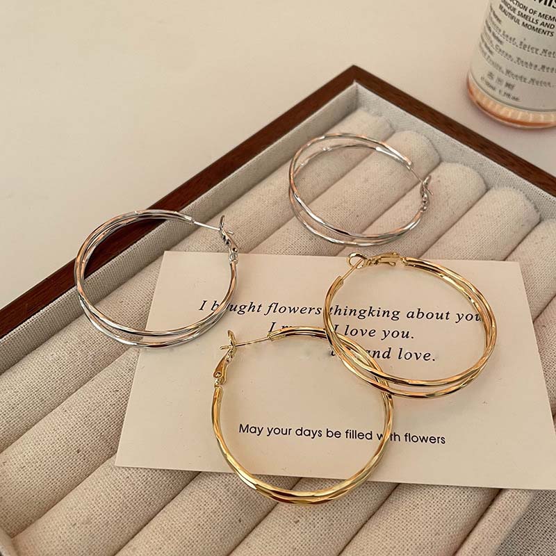 2026 New Trendy Silver Color Double Layer Circle Hoop Earrings For Women Exaggerated Metal Layer Round Earrings Jewelry Gift