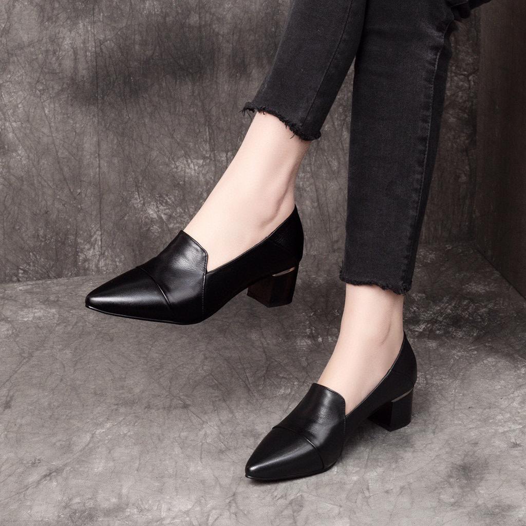 High Heels Women's 2025 Spring New Comfortable Cowhide Pointed Thick Heel Medium Heel Work Shoes One Shoe Two Wear Low-top Shoes