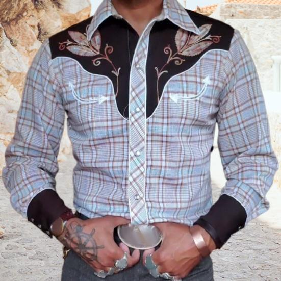 Men Spring Shirt Vintage Western Cowboy Print Single-breasted Slim Fit Long Sleeve Turn-down Collar Buttons Streetwear Casual Business Shirt