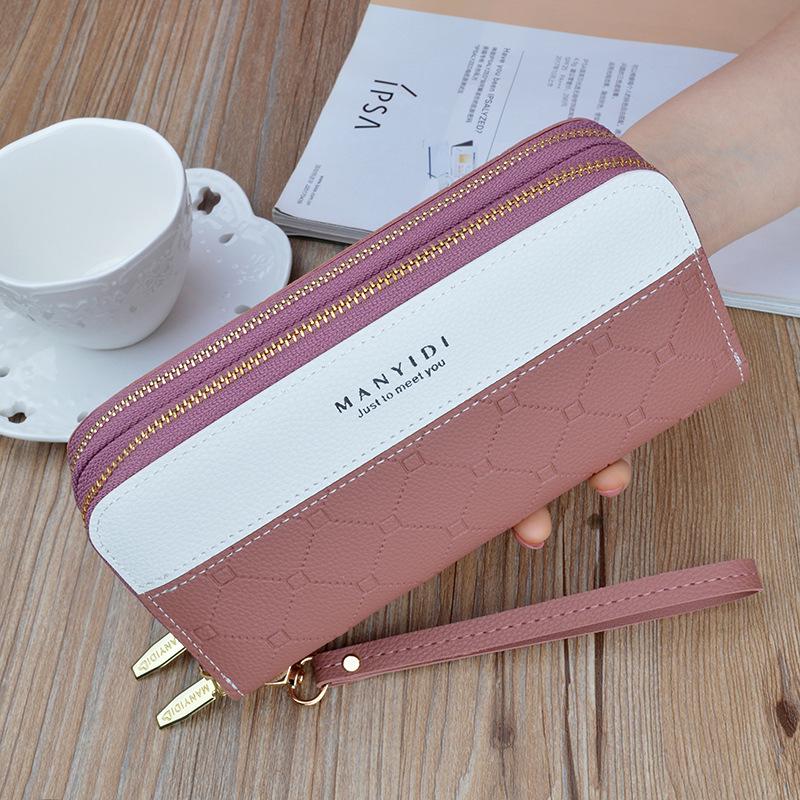Модный женский длинный кошелек с двойной молнией — клатч контрастного цвета, большая вместимость для монет и телефона.