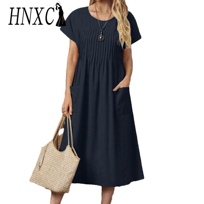 HNXC Летнее женское платье больших размеров, длинное, цельное, из хлопка и льна, с круглым вырезом, карманами, плиссированными, с короткими рукавами