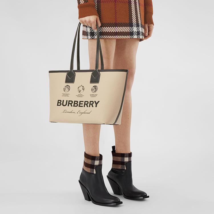 Burberry Bright Decorative Label Print Open Design Cotton And Calfskin Tote Bag Shopping Bag Shoulder Handbag Small Women Tote Bags Khaki 80631201