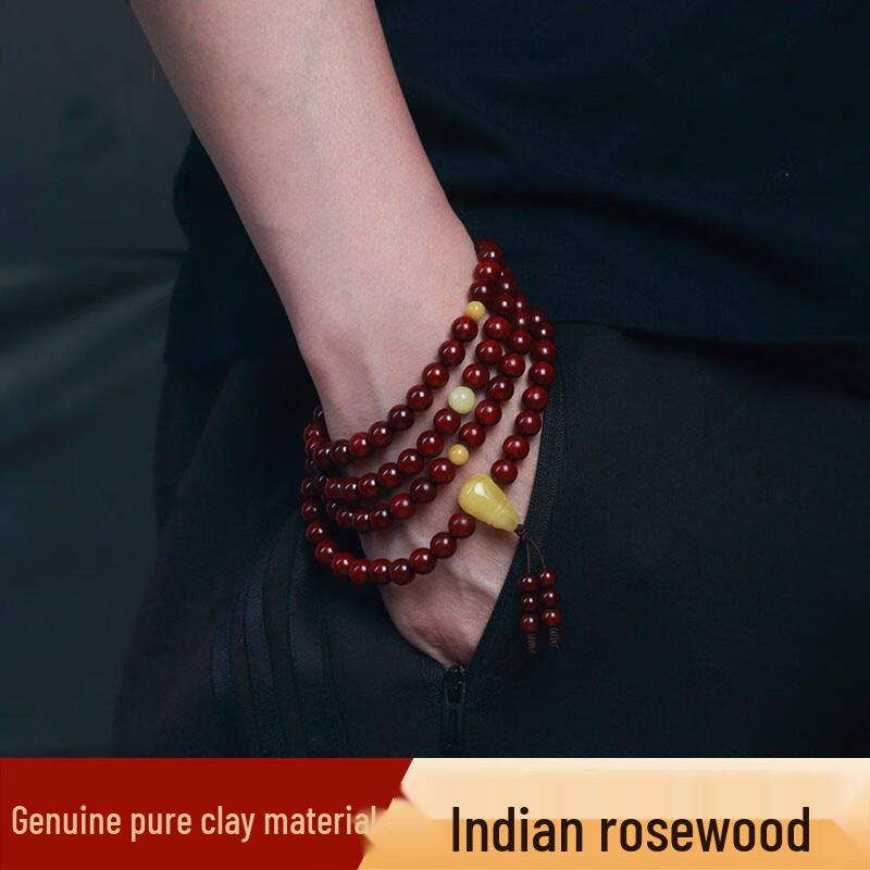 Unisex Red Sandalwood & Amber Bracelet with 108 Beads - Indian Small Leaf Design, Pure Clay, Buddhist Style for Couples