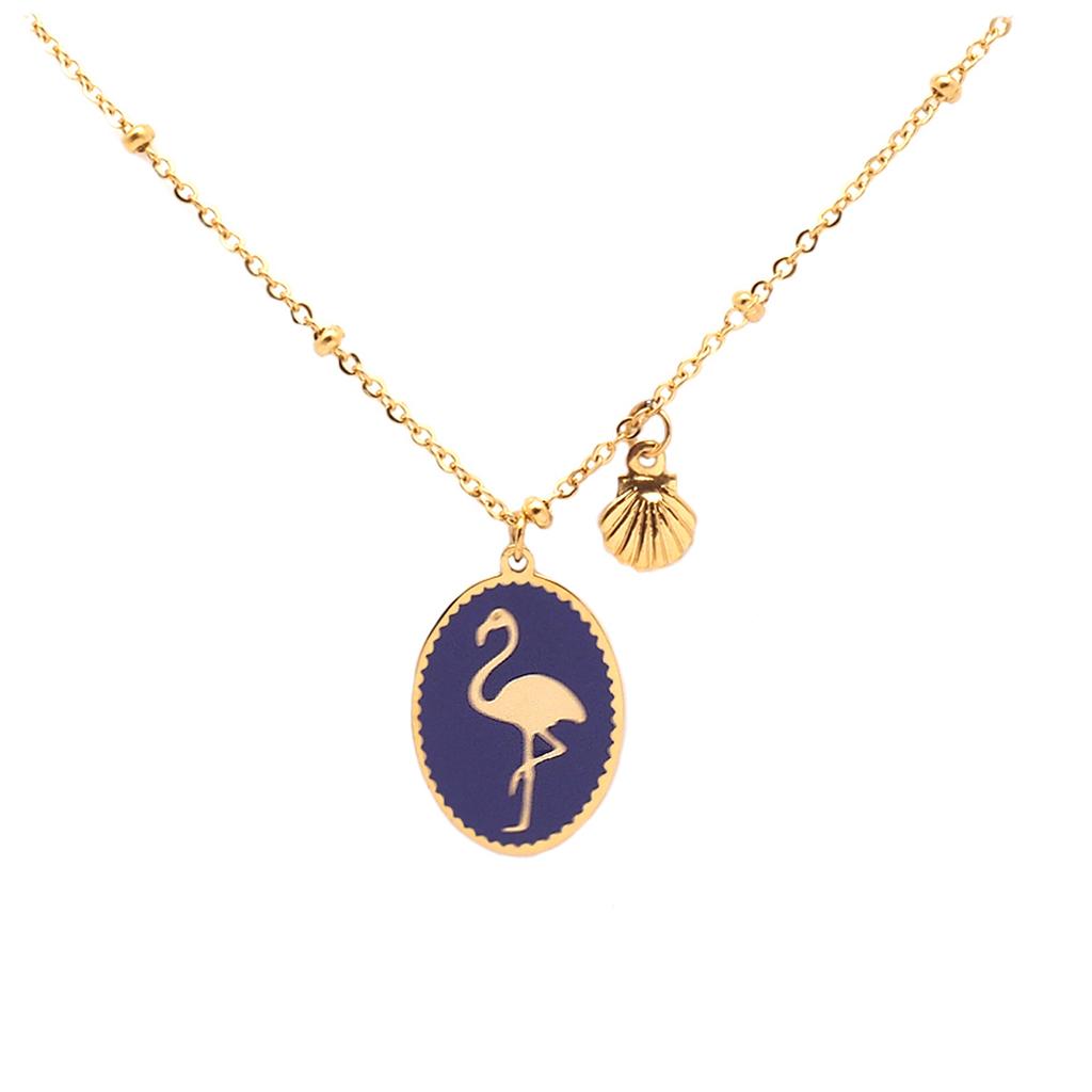 Les Trésors De Lily [Q2498] - Dark Purple Gold 'Flamingo Rose' Steel Designer Necklace - 16x12 Mm