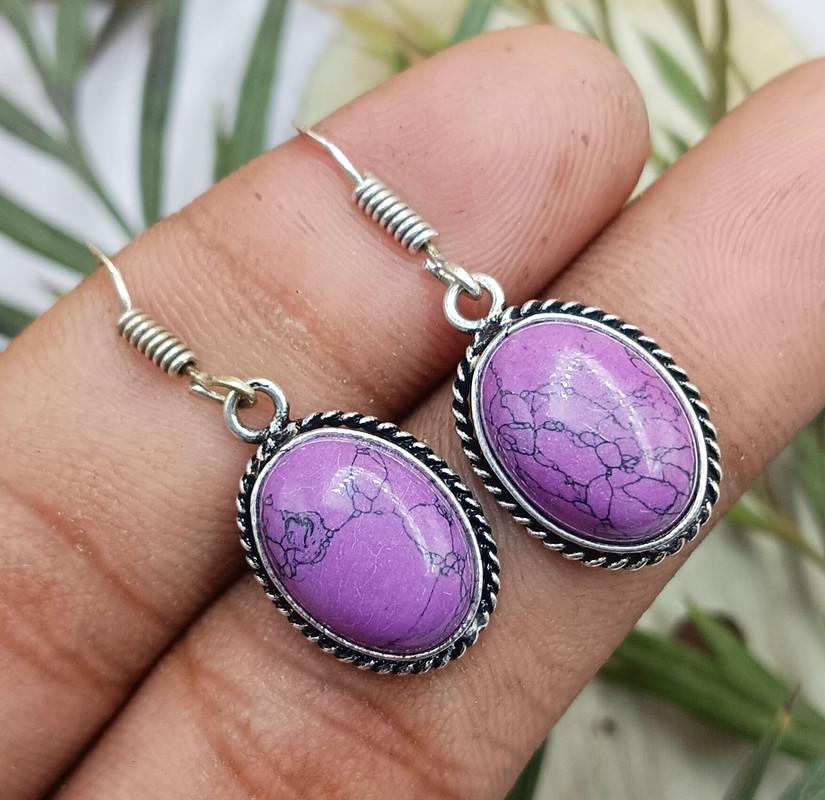 Purple Turquoise Gemstone 925 Sterling Silver Plated Hook Earring VG-31