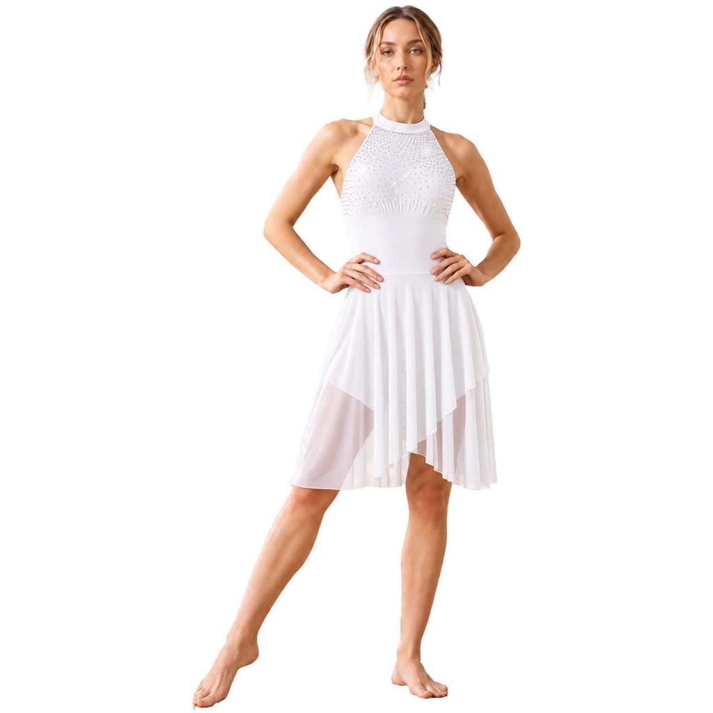 Shiny Rhinestone Lyrical Dance Dress Women Halter Sleeveless Keyhole Back Asymmetrical Mesh Built-in Briefs Figure Skating Performance