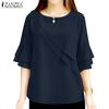ZANZEA Женская летняя повседневная свободная блузка с круглым вырезом и коротким рукавом