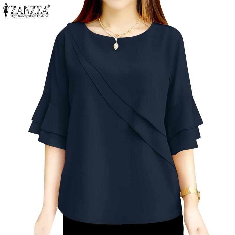 ZANZEA Женская летняя повседневная свободная блузка с круглым вырезом и коротким рукавом
