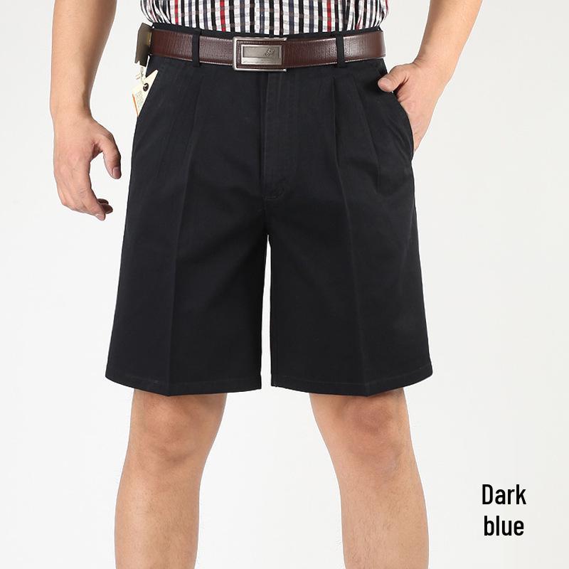 Мужские летние шорты из чистого хлопка с высокой посадкой, свободного кроя - с двойными складками, средней длины, повседневная одежда для мужчин среднего и пожилого возраста.