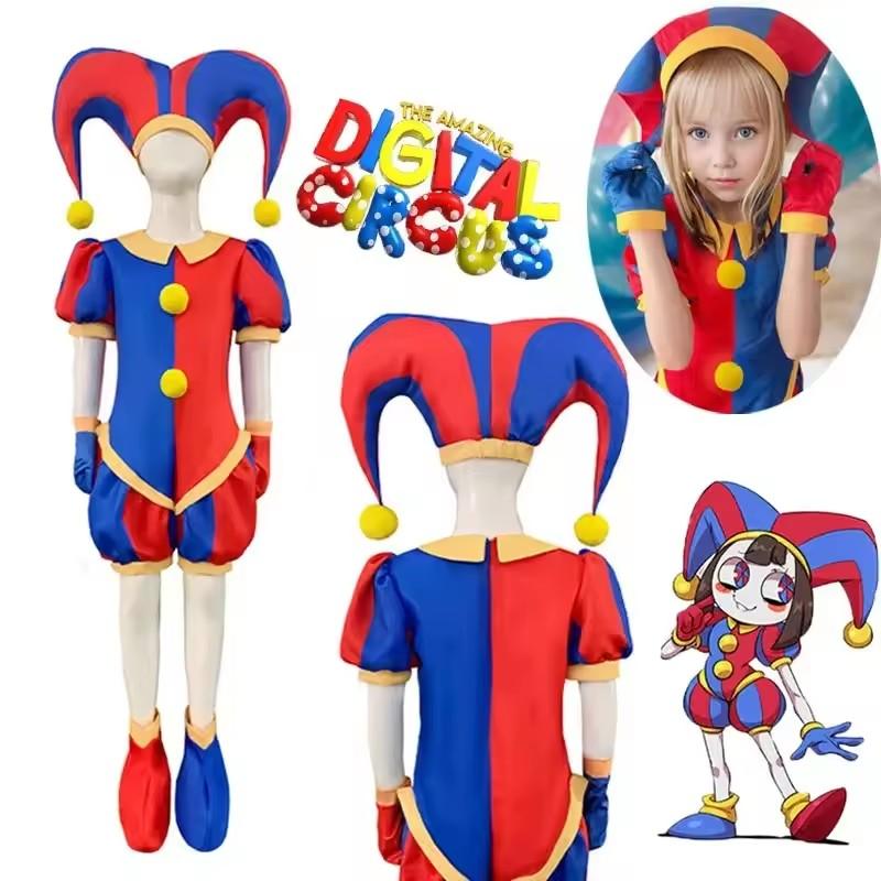 Anime Pomni Cosplay Costume with Hat aShoes Cover Gloves Magical Virtual Circus Outfits for Halloween Carnival Circus Costumes
