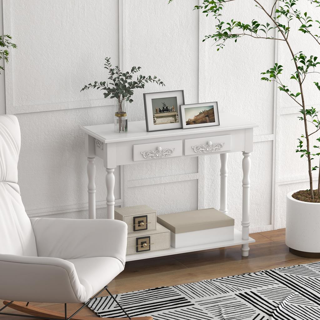 Console Table Modern Sofa Side Desk with Storage Shelves Drawers for Living Room Entryway Bedroom White