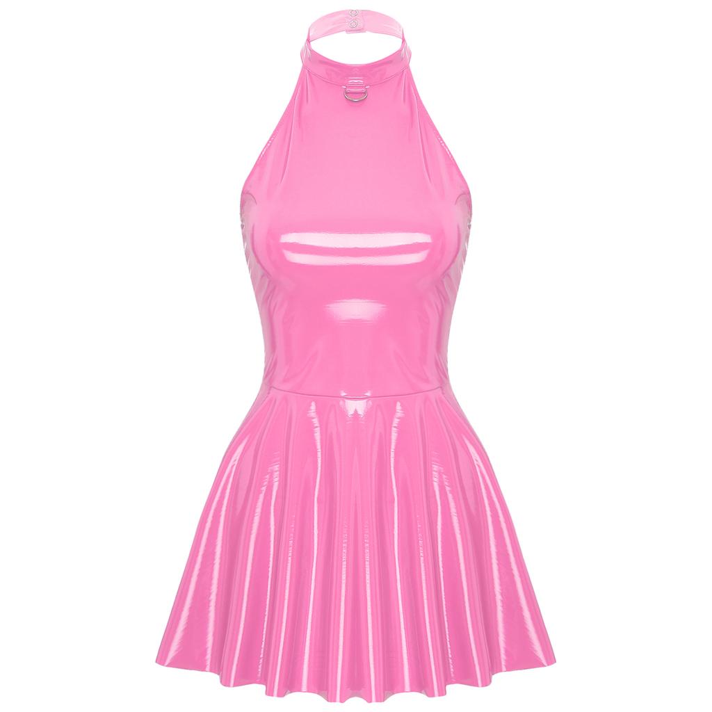 Женское глянцевое лакированное кожаное платье Клубная одежда Мини-платье без рукавов с лямкой на шее Сексуальная танцевальная одежда