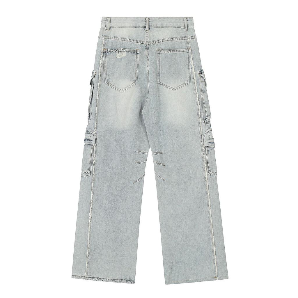 Men's Autumn American RO Wind Heavy Wash Multi-Pocket Jeans Wide Leg Pants